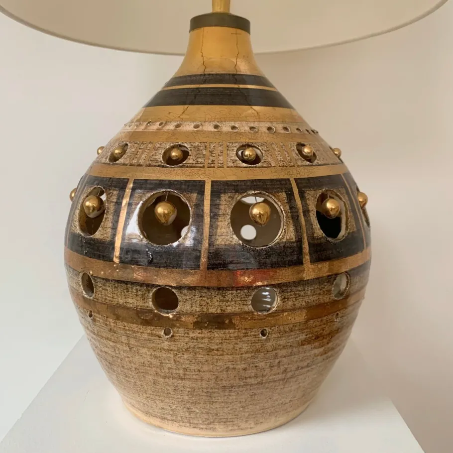 Pamono Vintage French Gold and Brown Ceramic Table Lamp by Georges Pelletier, 1970