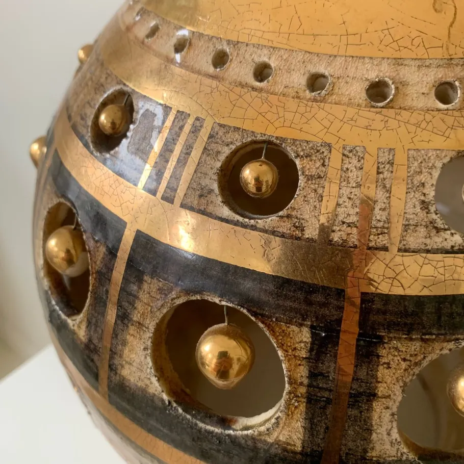 Pamono Vintage French Gold and Brown Ceramic Table Lamp by Georges Pelletier, 1970