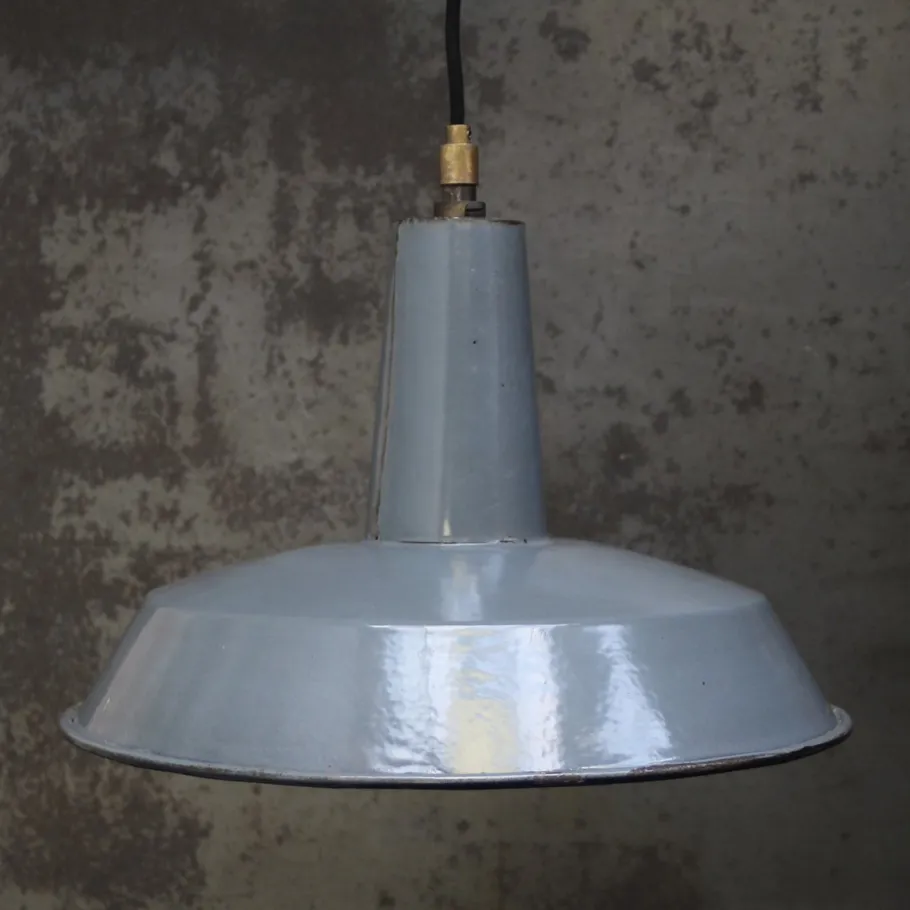 New Pamono Vintage French Industrial Grey Enamel Factory Pendant
