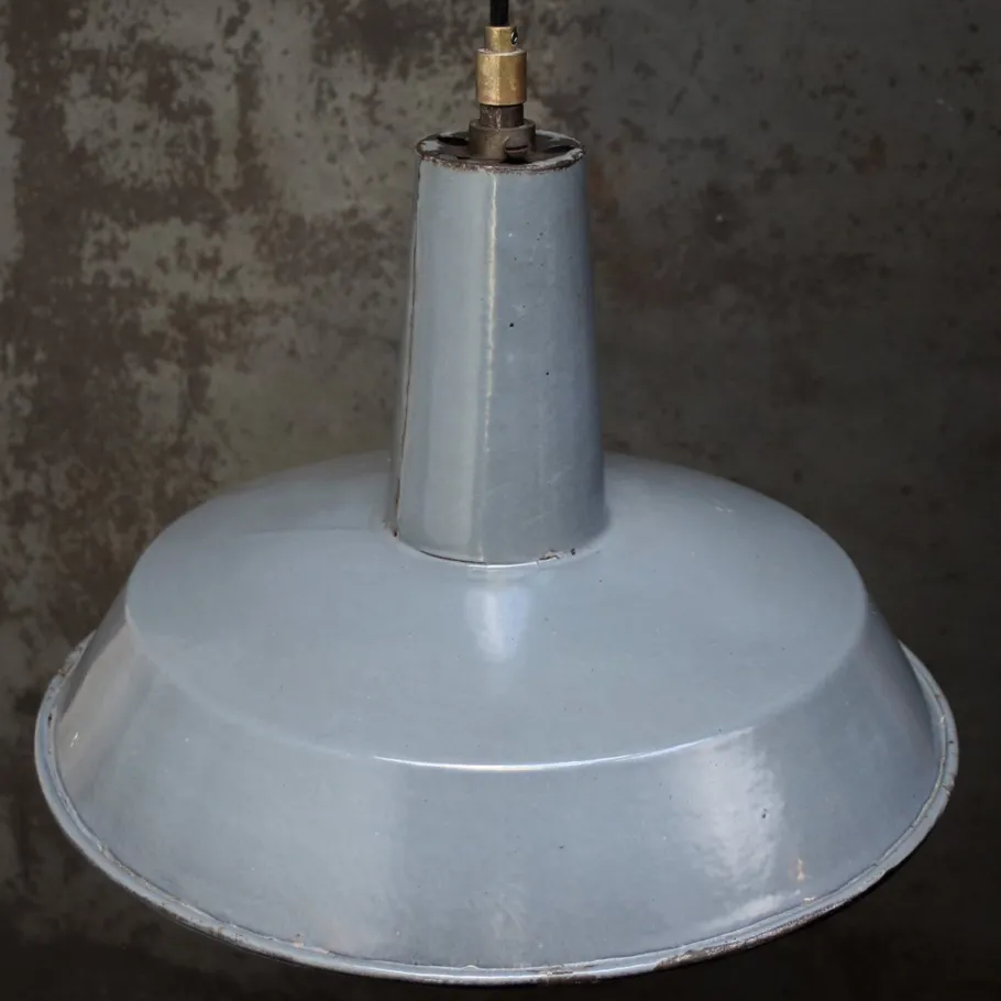 New Pamono Vintage French Industrial Grey Enamel Factory Pendant