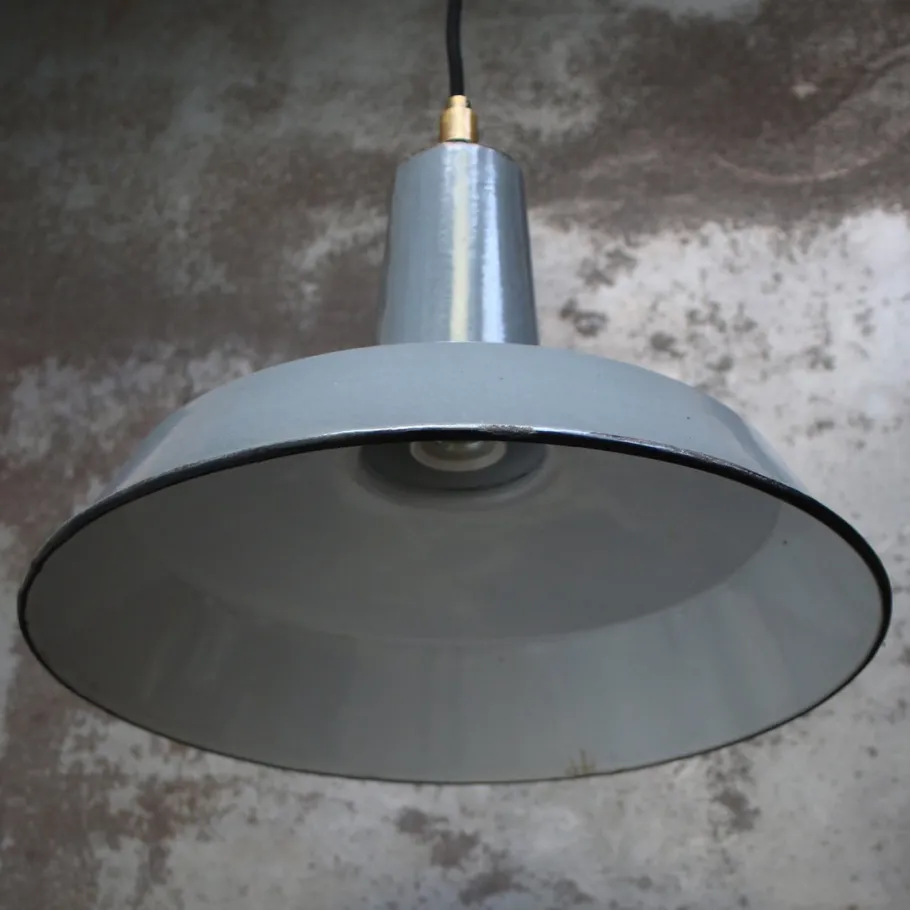 New Pamono Vintage French Industrial Grey Enamel Factory Pendant