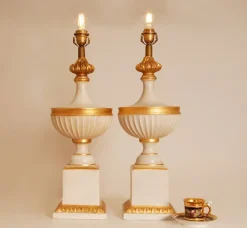 Clearance Pamono Vintage French Table Lamps in White and Gold Ceramic, 1970s, Set of 2