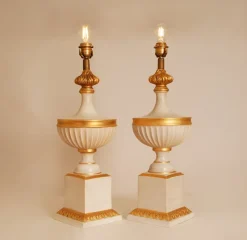 Clearance Pamono Vintage French Table Lamps in White and Gold Ceramic, 1970s, Set of 2