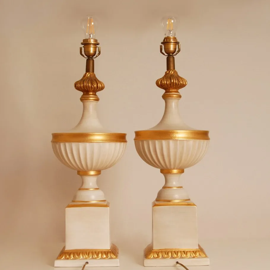 Clearance Pamono Vintage French Table Lamps in White and Gold Ceramic, 1970s, Set of 2