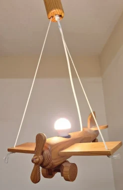 Discount Pamono Vintage German Childrens Room Ceiling Lamp in the Shape of an Airplane in Pine Wood by Mand Eurolux, 1980s
