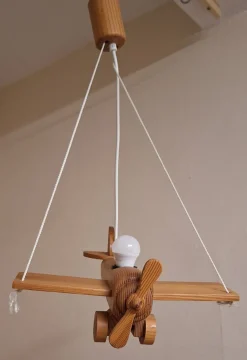 Discount Pamono Vintage German Childrens Room Ceiling Lamp in the Shape of an Airplane in Pine Wood by Mand Eurolux, 1980s