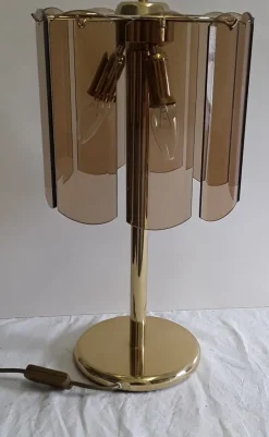 Sale Pamono Vintage German Gilt Metal and Cut Smoked Glass Table Lamp from Wortmann & Filz, 1970s
