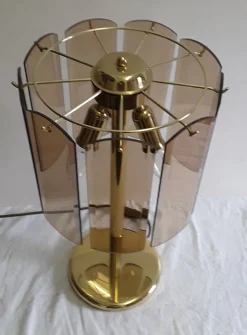 Sale Pamono Vintage German Gilt Metal and Cut Smoked Glass Table Lamp from Wortmann & Filz, 1970s
