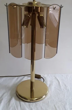Sale Pamono Vintage German Gilt Metal and Cut Smoked Glass Table Lamp from Wortmann & Filz, 1970s