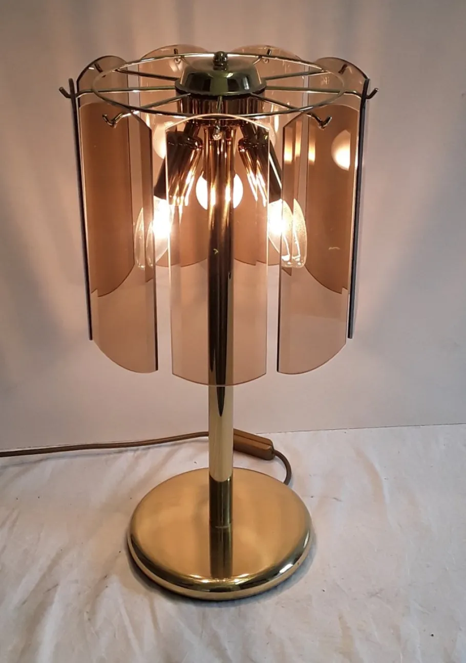 Sale Pamono Vintage German Gilt Metal and Cut Smoked Glass Table Lamp from Wortmann & Filz, 1970s