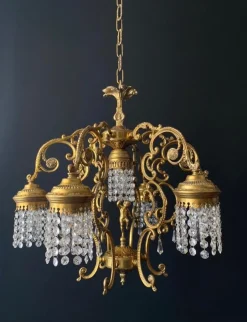 Hot Pamono Vintage Gold Chandelier with Putti and Pendants, 1960s