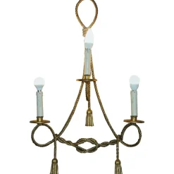 Pamono Vintage Gold Gilt Rope Twist & Tassel Three Branch Wall Light with Candle Mounts, 1960s