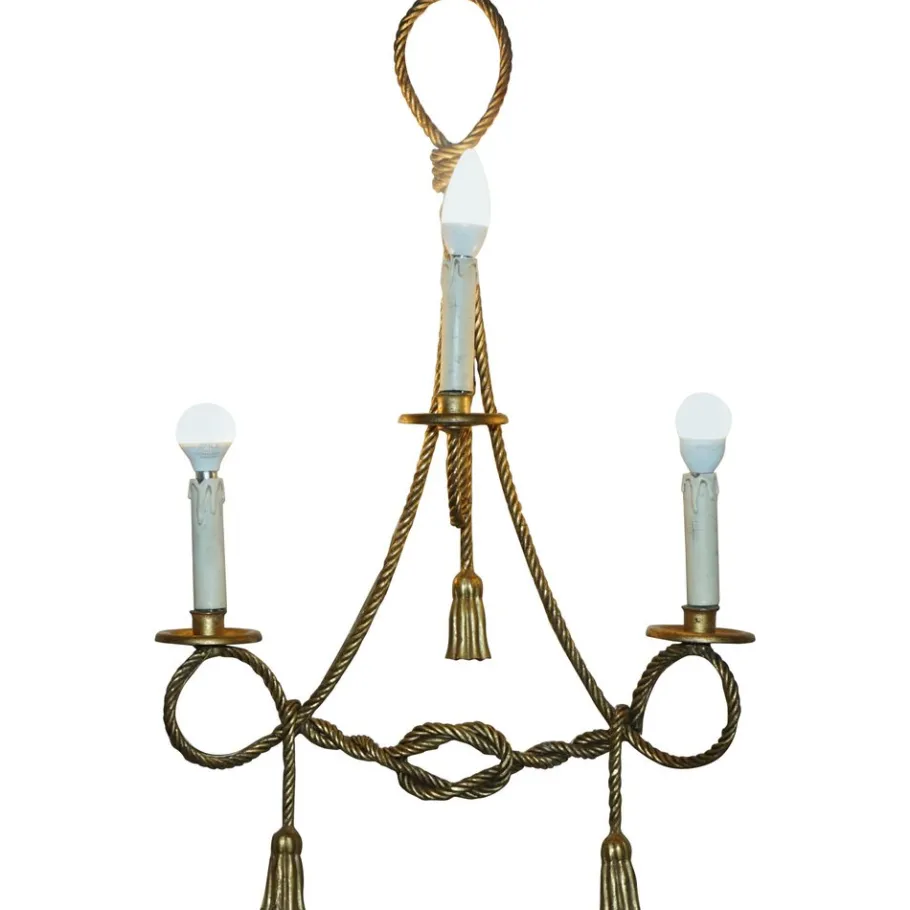 Pamono Vintage Gold Gilt Rope Twist & Tassel Three Branch Wall Light with Candle Mounts, 1960s