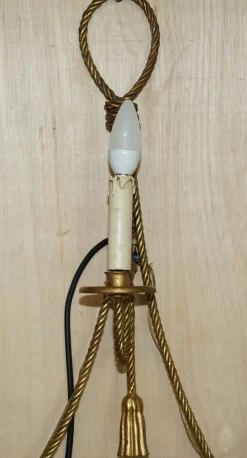 Pamono Vintage Gold Gilt Rope Twist & Tassel Three Branch Wall Light with Candle Mounts, 1960s
