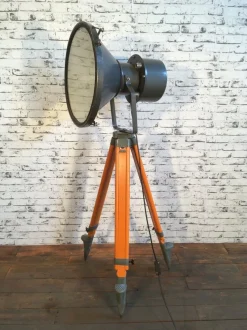 Sale Pamono Vintage Grey Factory Spotlight with Wooden Tripod Base