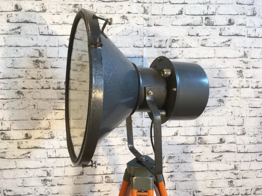 Sale Pamono Vintage Grey Factory Spotlight with Wooden Tripod Base