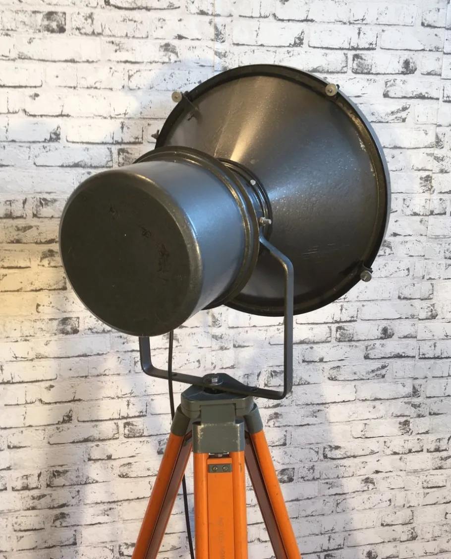 Sale Pamono Vintage Grey Factory Spotlight with Wooden Tripod Base