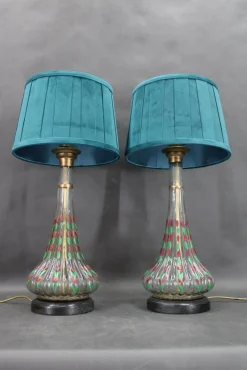 Best Pamono Vintage Hand Painted Glass Table Lamps with New Fabric Shade, 1960s, Set of 2