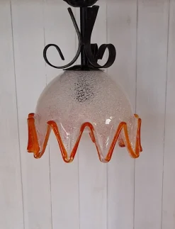Clearance Pamono Vintage Hanging Lamp with Ice Glass Shade with Orange Rim, 1970s