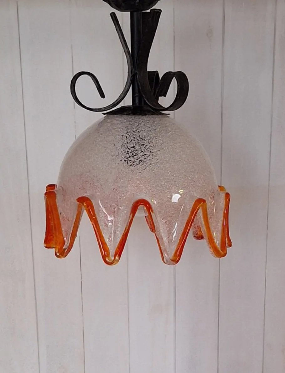 Clearance Pamono Vintage Hanging Lamp with Ice Glass Shade with Orange Rim, 1970s