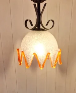 Clearance Pamono Vintage Hanging Lamp with Ice Glass Shade with Orange Rim, 1970s