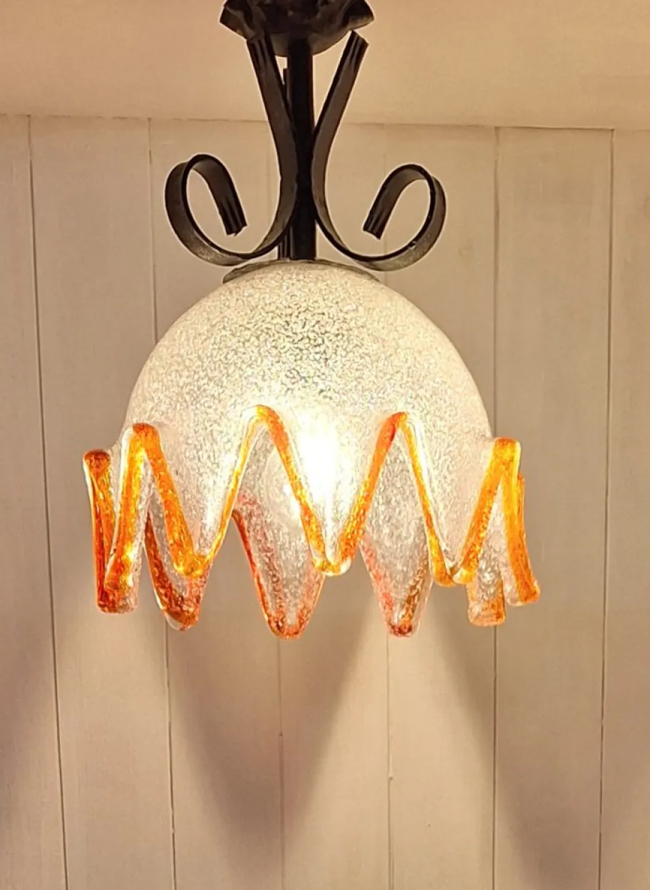 Clearance Pamono Vintage Hanging Lamp with Ice Glass Shade with Orange Rim, 1970s