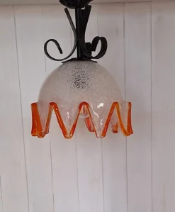 Clearance Pamono Vintage Hanging Lamp with Ice Glass Shade with Orange Rim, 1970s