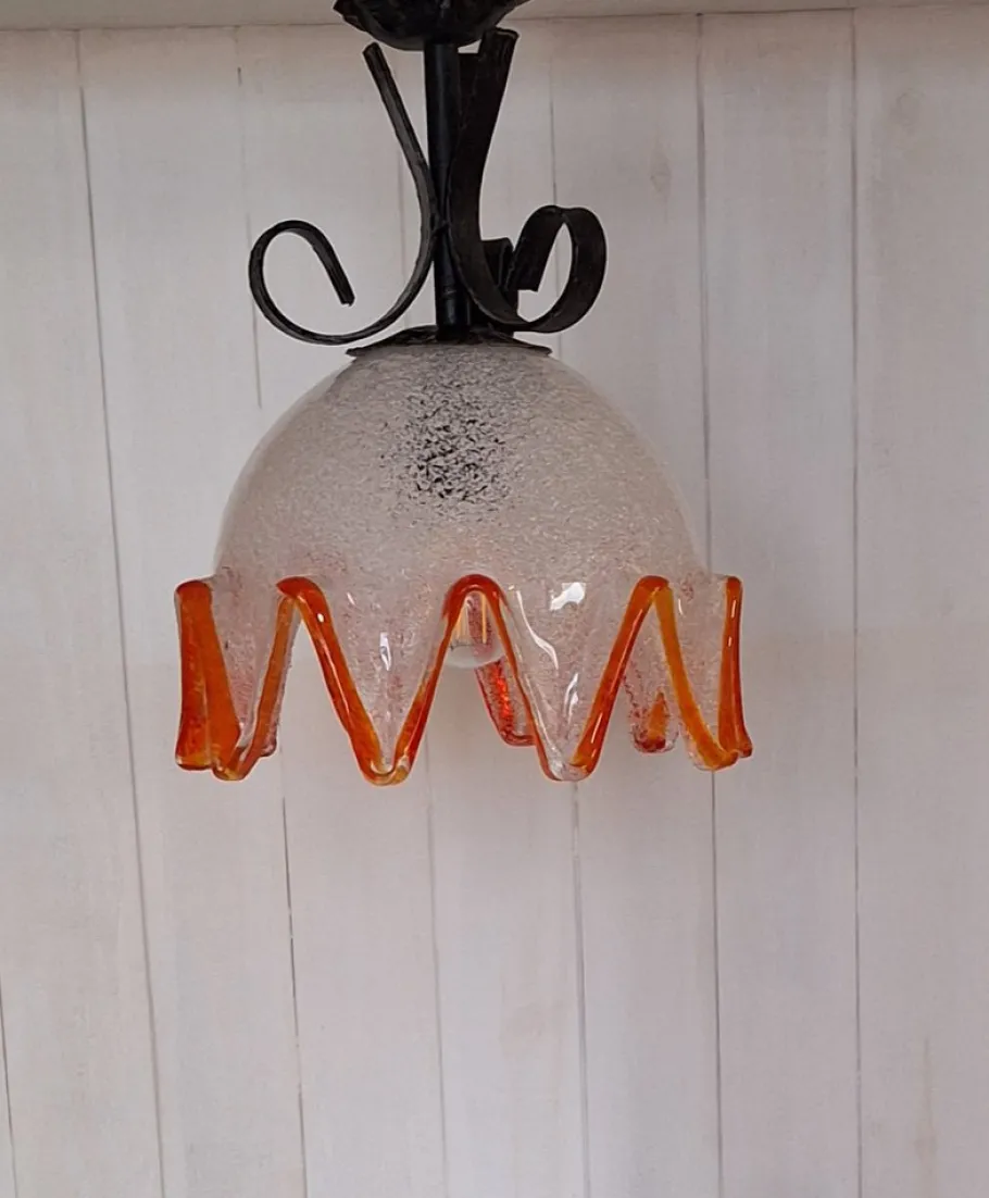 Clearance Pamono Vintage Hanging Lamp with Ice Glass Shade with Orange Rim, 1970s