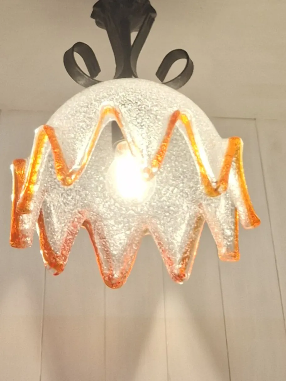 Clearance Pamono Vintage Hanging Lamp with Ice Glass Shade with Orange Rim, 1970s