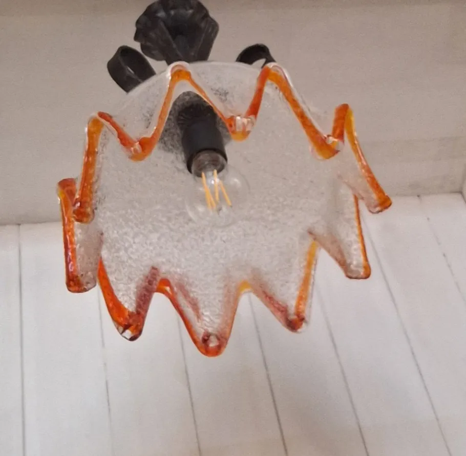Clearance Pamono Vintage Hanging Lamp with Ice Glass Shade with Orange Rim, 1970s