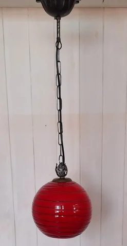 Discount Pamono Vintage Hanging Lamp with Red Spherical Glass Shade, 1970s