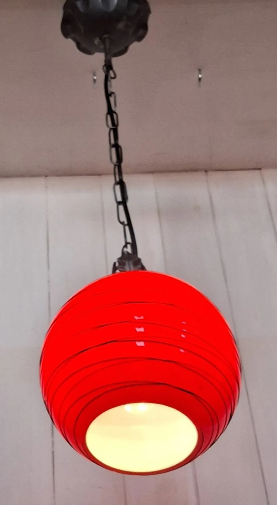Discount Pamono Vintage Hanging Lamp with Red Spherical Glass Shade, 1970s