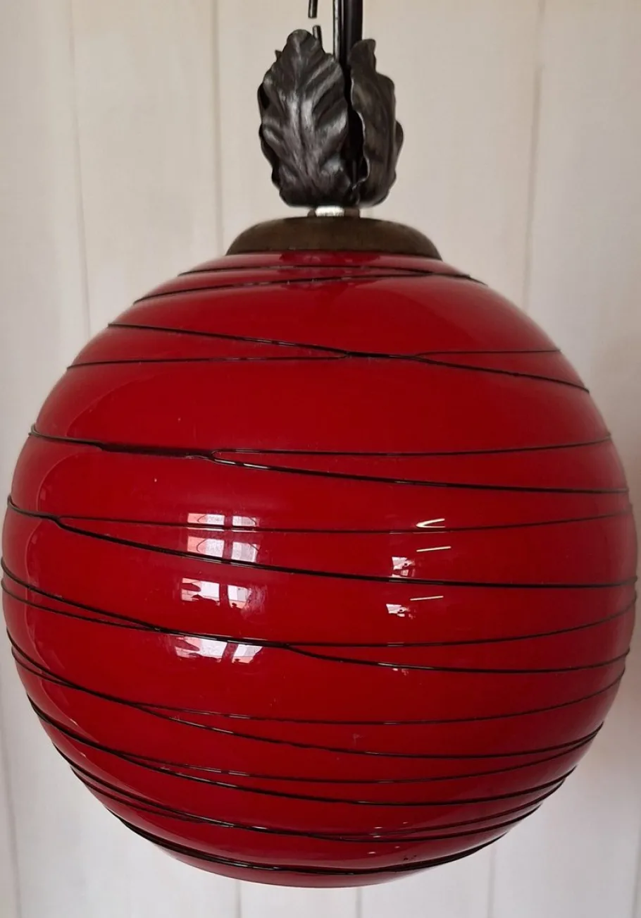 Discount Pamono Vintage Hanging Lamp with Red Spherical Glass Shade, 1970s