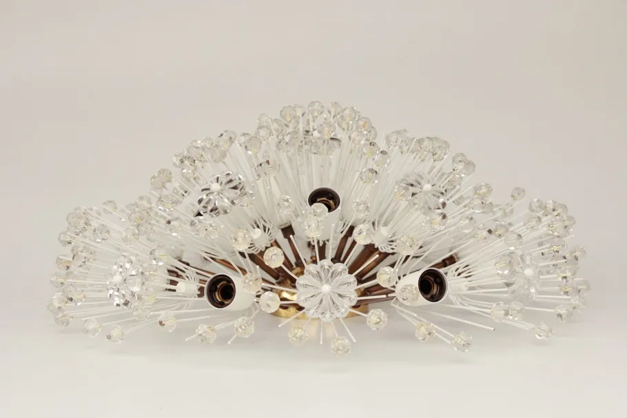 Sale Pamono Vintage Hollywood Regency Round Crystal Glass Flowers and Brass Ceiling Light, 1950s