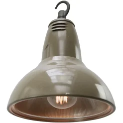 Clearance Pamono Vintage Industrial Beige Metal & Clear Striped Glass Pendant Lamp from Holophane Paris