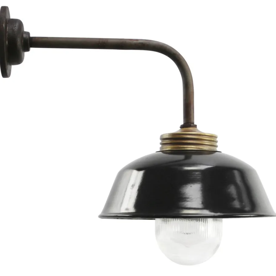 Pamono Vintage Industrial Black Enamel, Brass and Clear Striped Glass Wall Light