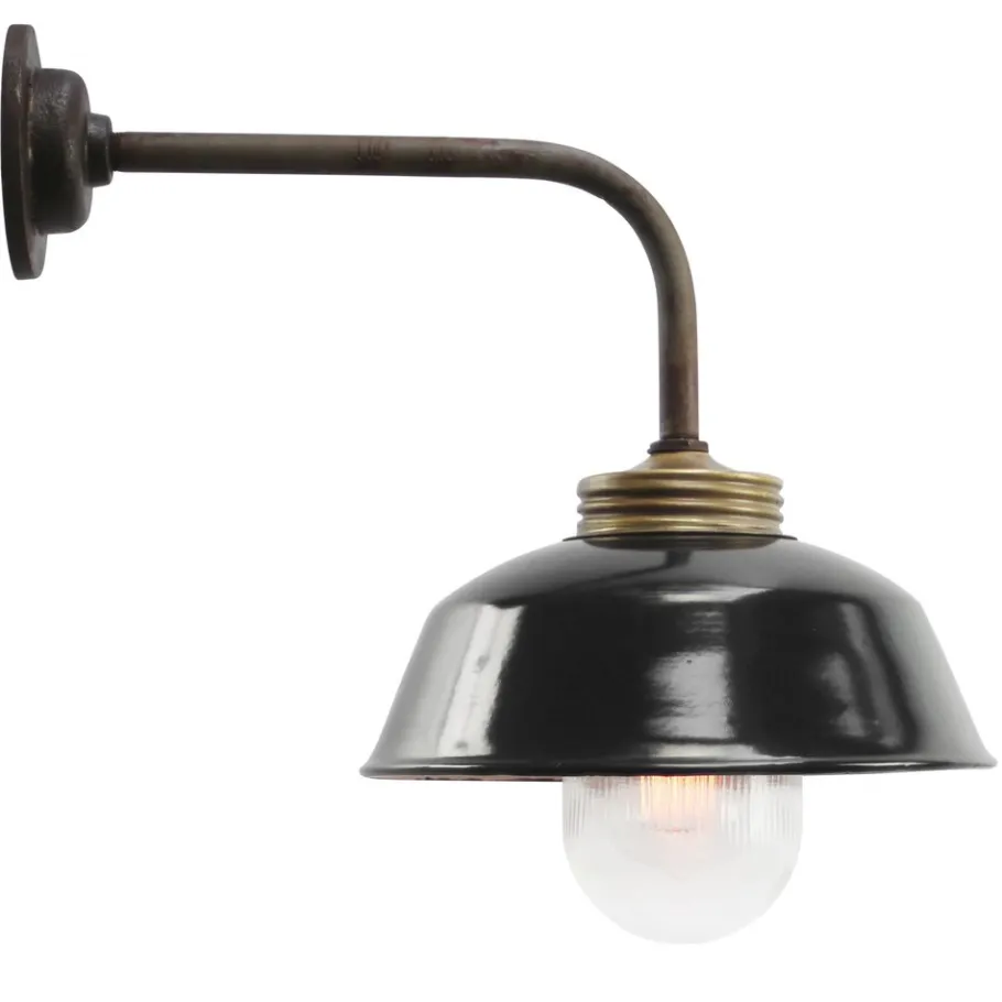 Pamono Vintage Industrial Black Enamel, Brass and Clear Striped Glass Wall Light