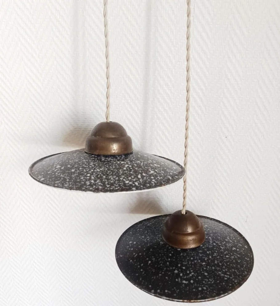 Discount Pamono Vintage Industrial Enamelled Sheet Metal Pendant Lights, 1970s, Set of 2