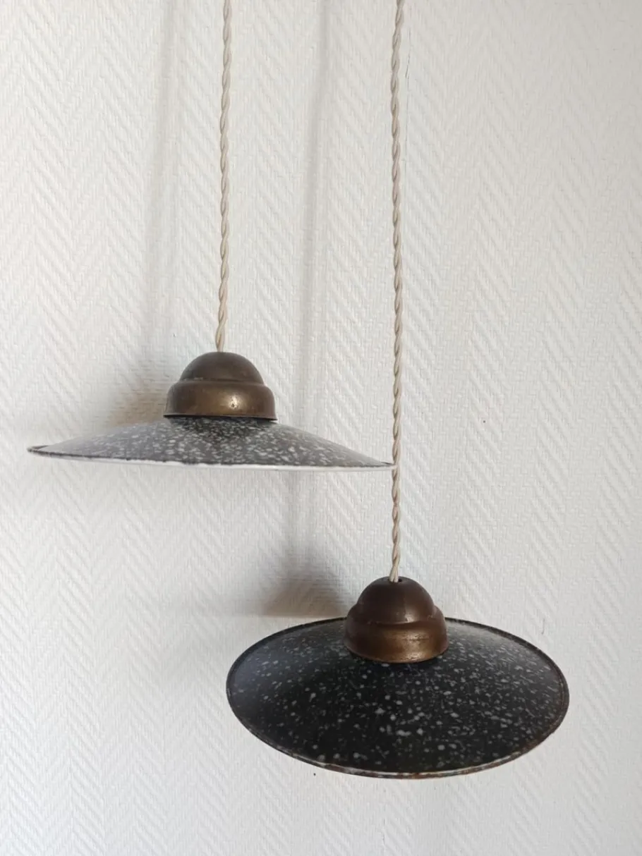 Discount Pamono Vintage Industrial Enamelled Sheet Metal Pendant Lights, 1970s, Set of 2