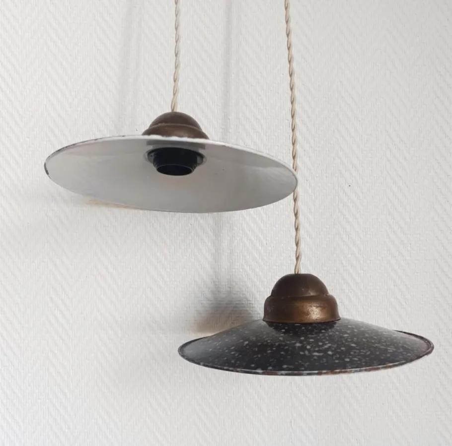 Discount Pamono Vintage Industrial Enamelled Sheet Metal Pendant Lights, 1970s, Set of 2