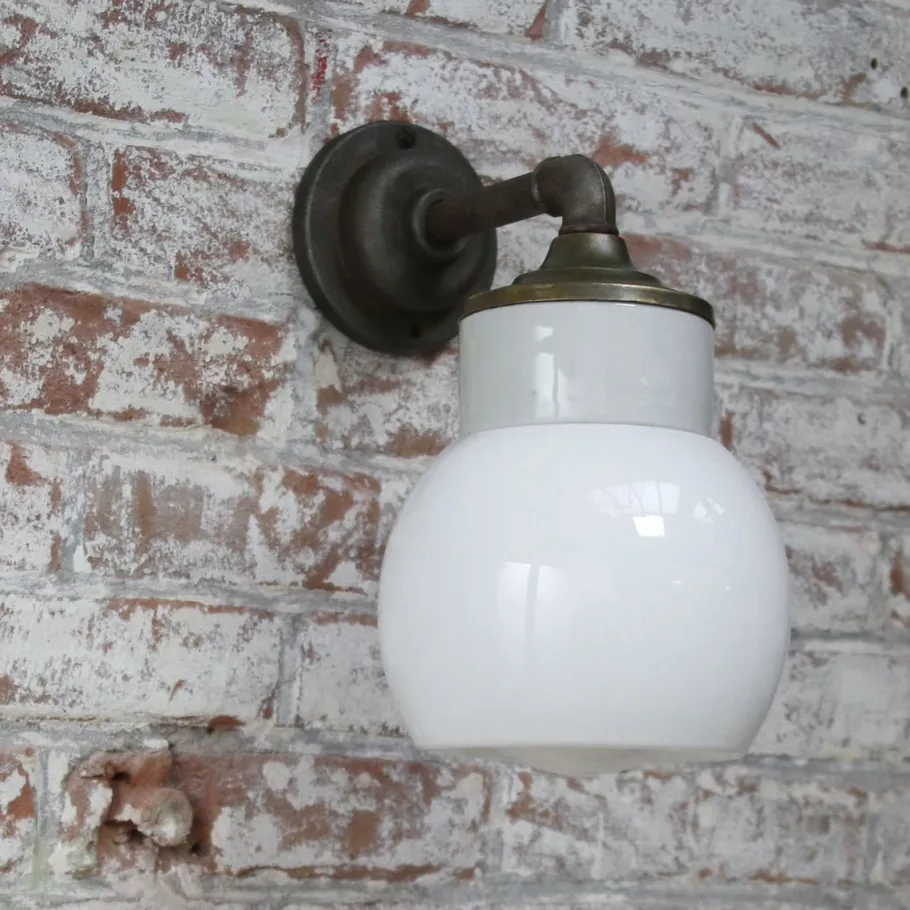 Clearance Pamono Vintage Industrial White Porcelain Opaline Milk Glass Brass Wall Lamp