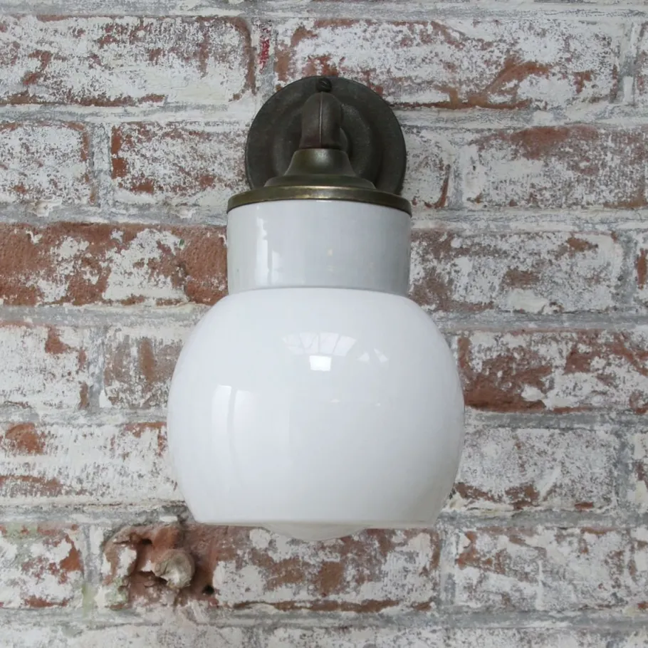 Clearance Pamono Vintage Industrial White Porcelain Opaline Milk Glass Brass Wall Lamp