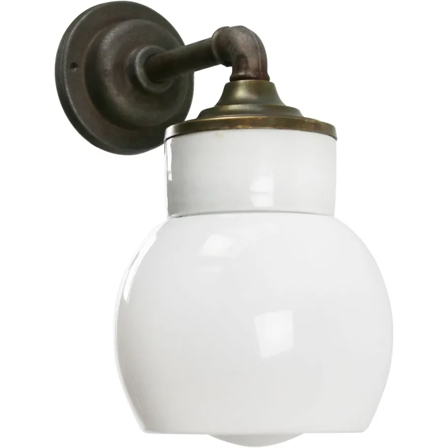 Clearance Pamono Vintage Industrial White Porcelain Opaline Milk Glass Brass Wall Lamp