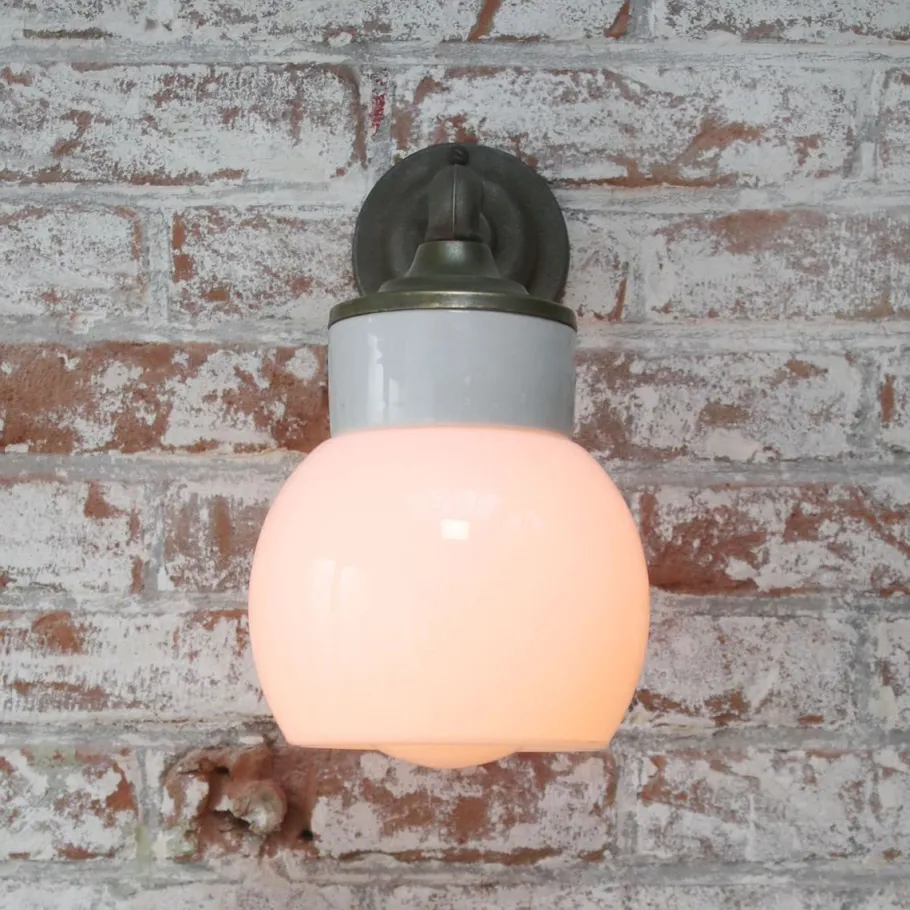 Clearance Pamono Vintage Industrial White Porcelain Opaline Milk Glass Brass Wall Lamp