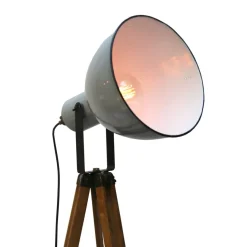Pamono Vintage Industrial Wooden and Gray Enamel Tripod Spotlight Floor Lamp
