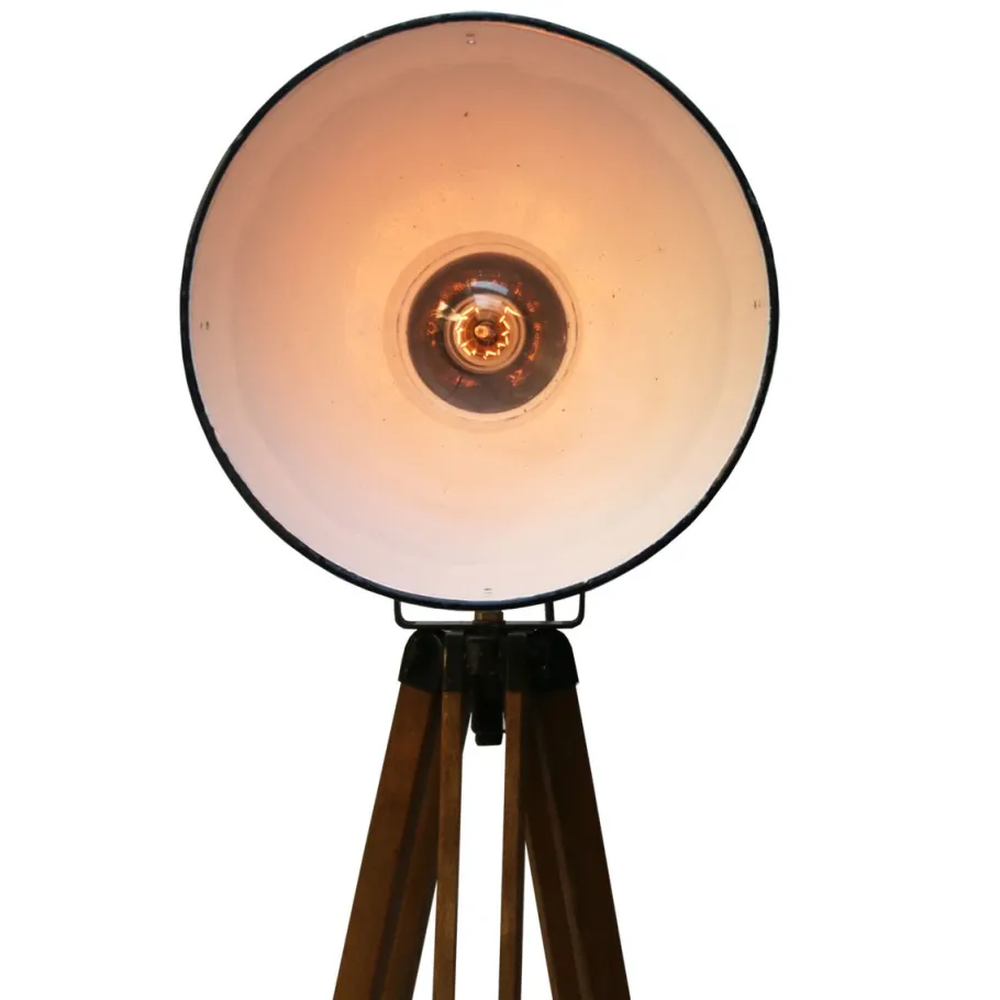 Pamono Vintage Industrial Wooden and Gray Enamel Tripod Spotlight Floor Lamp