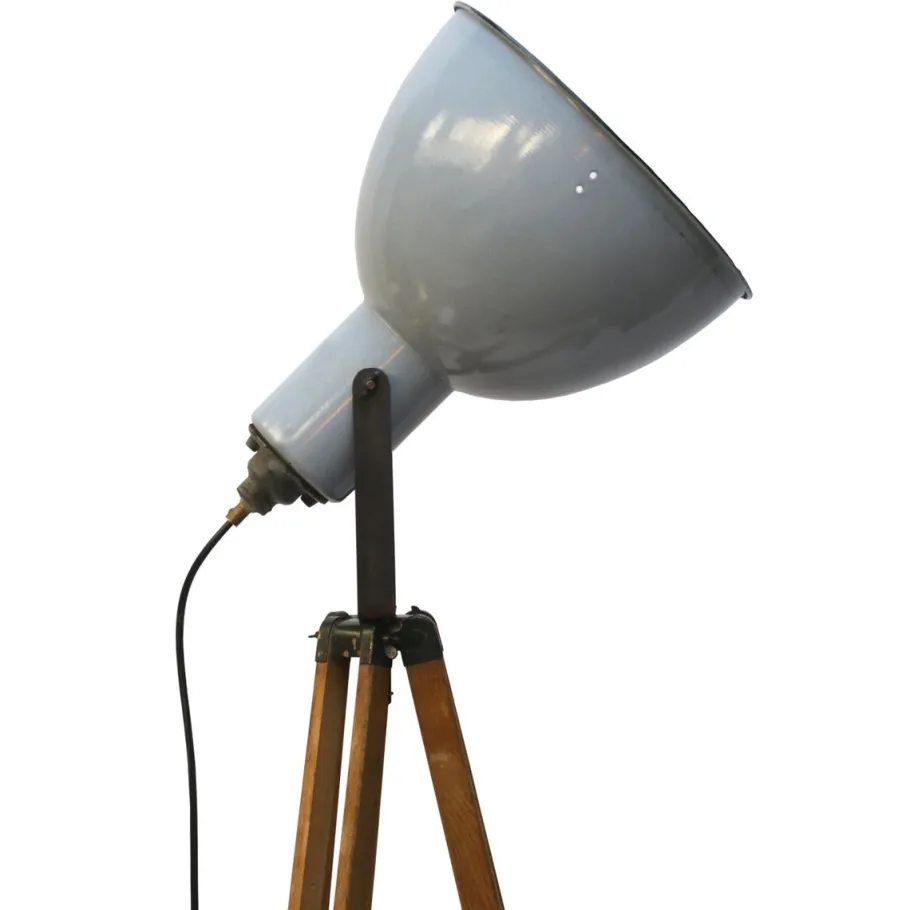 Pamono Vintage Industrial Wooden and Gray Enamel Tripod Spotlight Floor Lamp