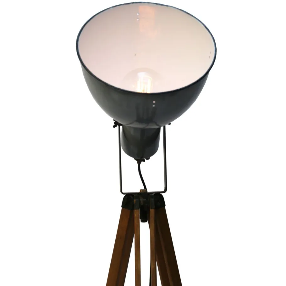 Pamono Vintage Industrial Wooden and Gray Enamel Tripod Spotlight Floor Lamp
