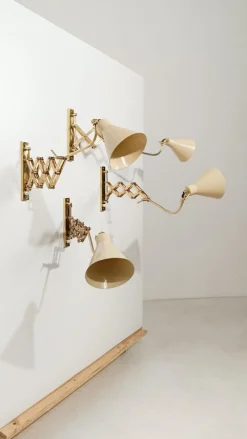 Sale Pamono Vintage Italian Adjustable Wall Lights in Brass and Creamy White Metal, 1950s