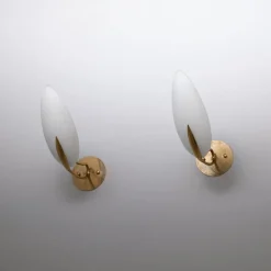 Best Pamono Vintage Italian Brass Sconces with Almond-Shaped Opaline Glass Shades, 1950s, Set of 2